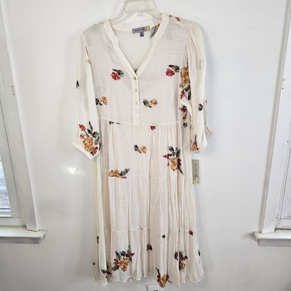 NWT Figueroe & Flower Floral Beige 3/4 Sleeve Embroidered Tier  Dress Size Large - Picture 2 of 11